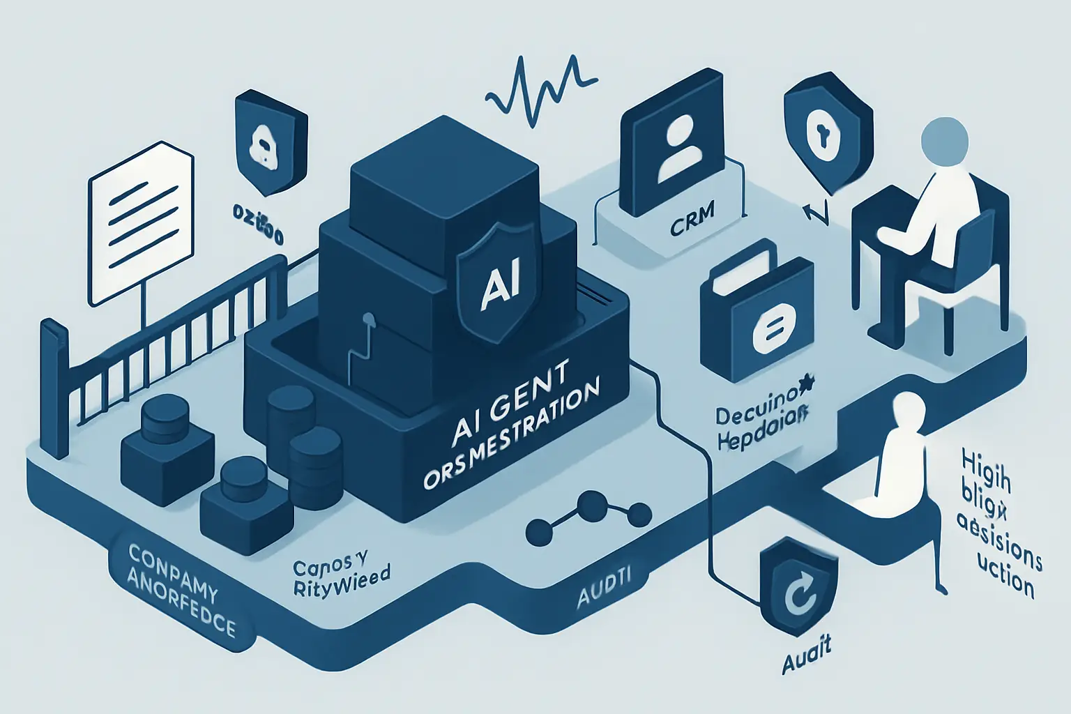 Human-in-the-loop AI agent architecture connecting approved knowledge sources, business tools, monitoring and human review.