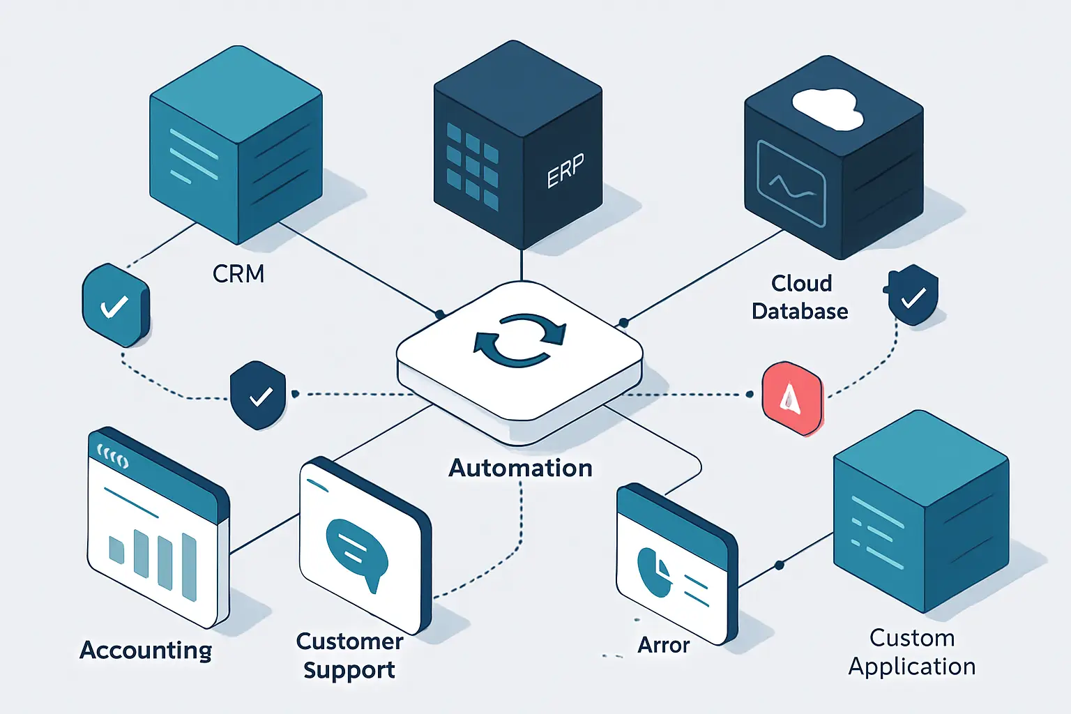 Business systems connected through a secure API automation layer with validation and error alerts.