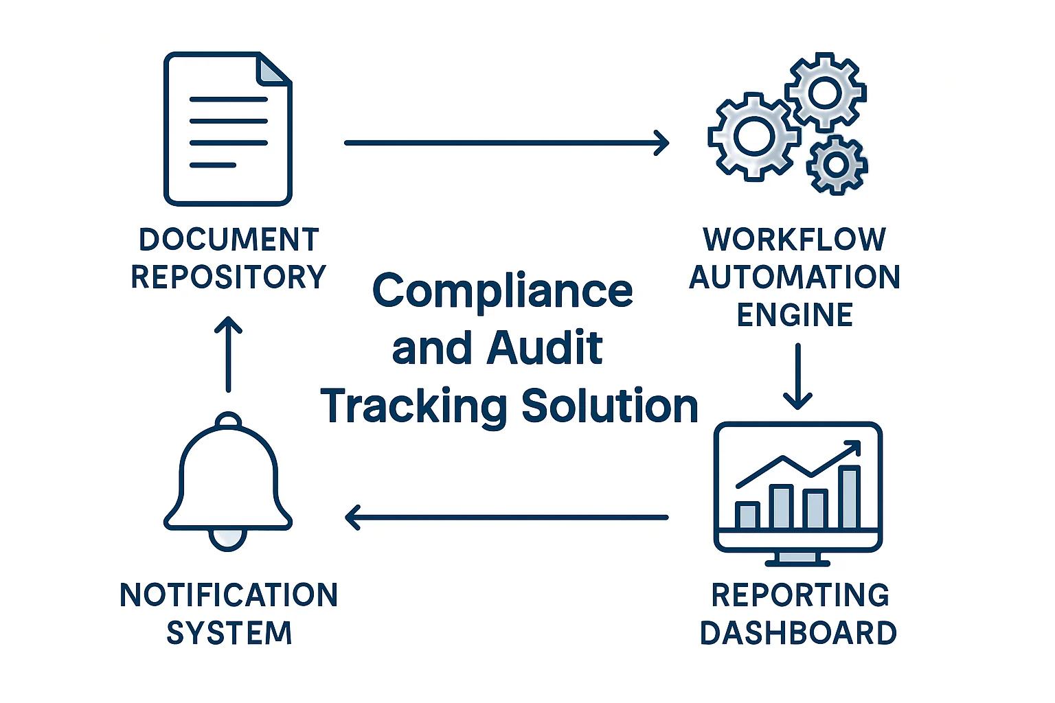 Diagram showing compliance document repository, workflow engine, notification system, and reporting dashboard interconnected