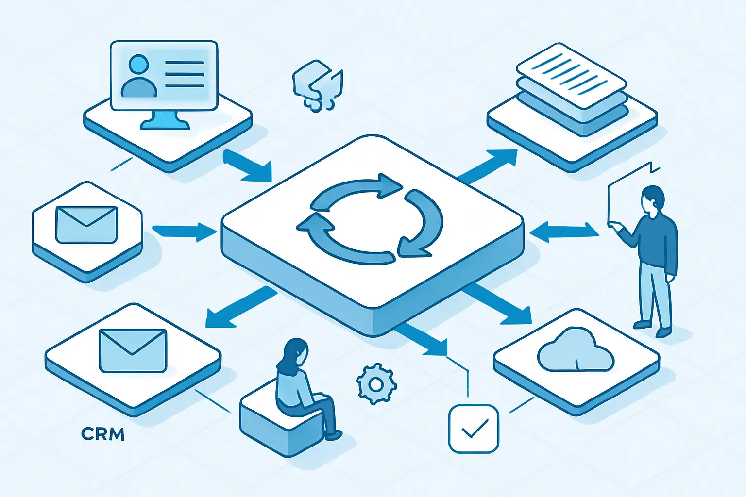 Illustration of a custom workflow connecting multiple business applications through automated steps and human approvals.