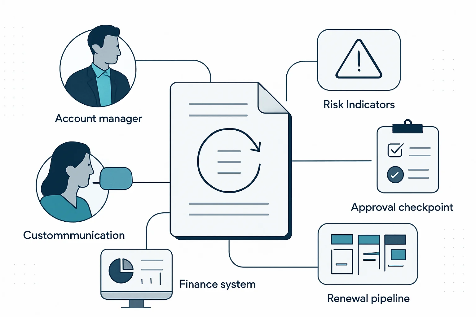 Illustration of an automated customer renewal workflow connecting tasks, communications, risk checks and approvals.