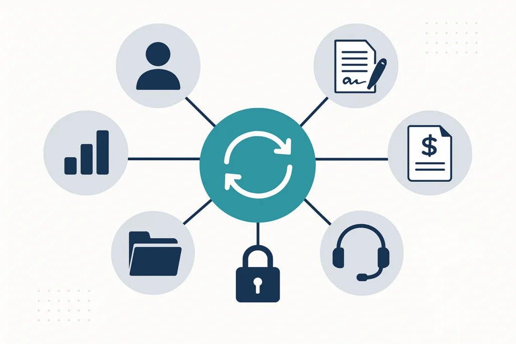 Abstract system integration diagram connecting CRM, contracts, billing, support and a central renewal workflow.