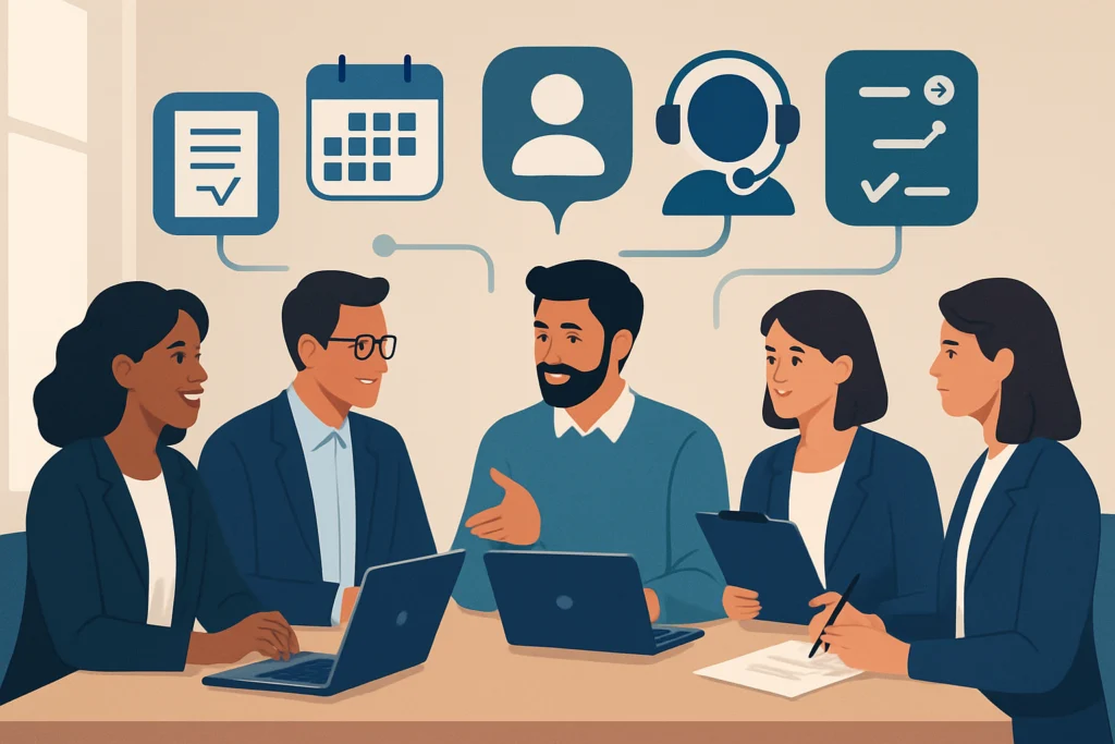 Business team reviewing a connected renewal lifecycle with contract, customer health and approval information.