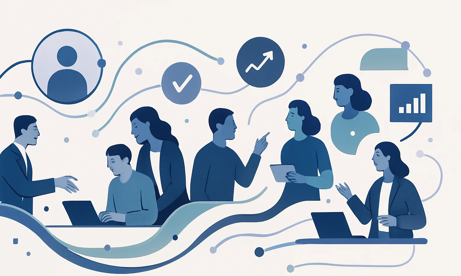 Illustration of connected customer success workflows from sales handover through customer health monitoring and business reviews.
