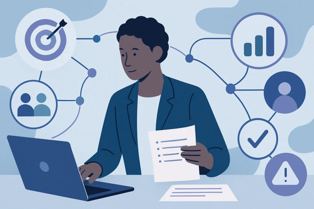 Editorial illustration of a customer success manager preparing a business review using connected account goals, customer activity and follow-up actions.