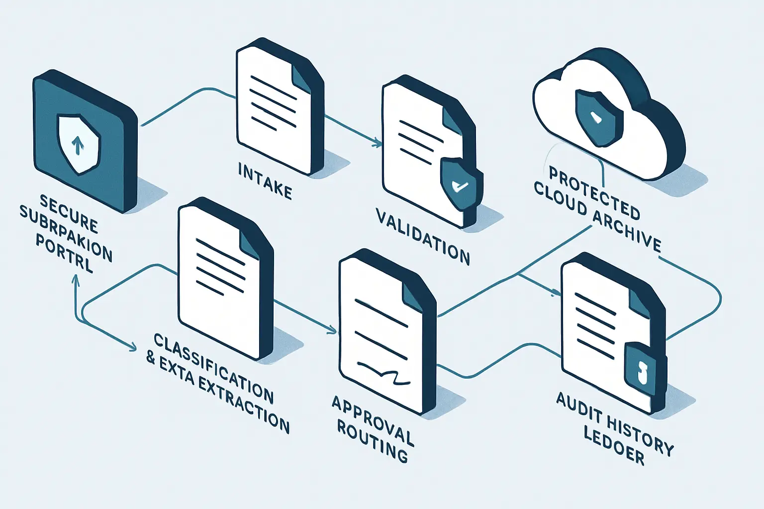Illustration of a controlled document automation lifecycle from submission and data extraction through approval, secure storage, retention and audit history.