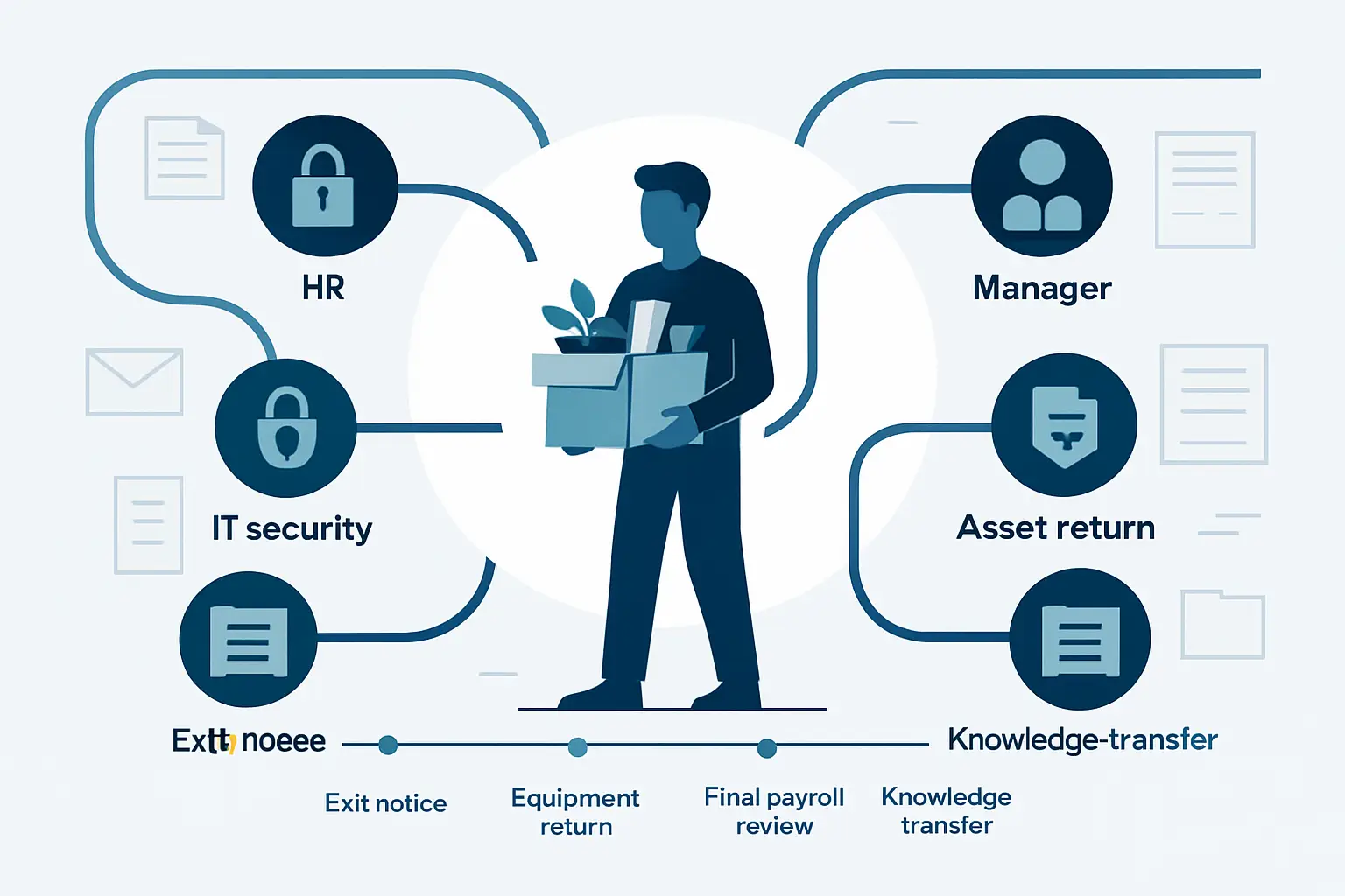 Cross-functional employee offboarding workflow connecting HR, IT, payroll, managers, asset return, and compliance records.