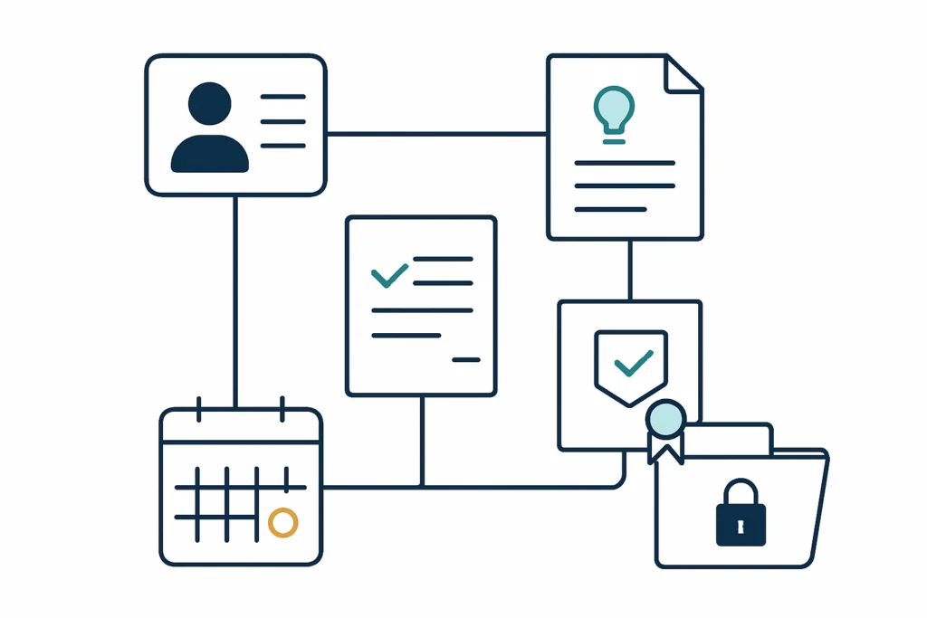 Abstract evidence chain connecting an employee profile, training completion, certificate, expiry date and audit report.