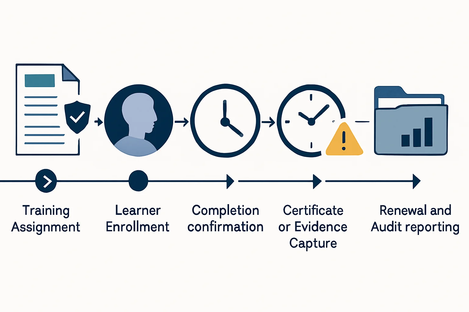 Compliance training lifecycle showing role-based assignment, completion evidence, renewal alerts and audit reporting.