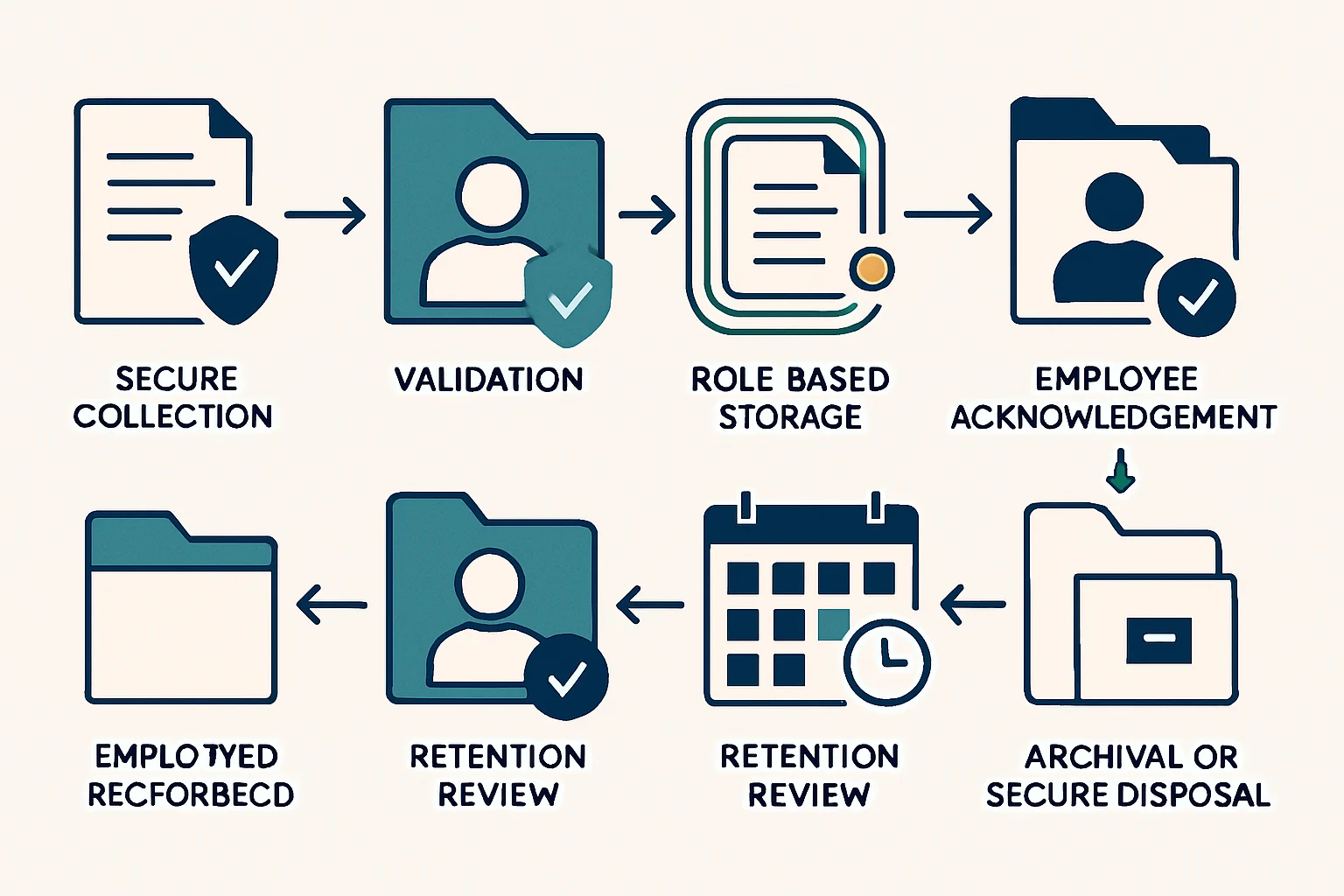 Illustrated HR document lifecycle from secure collection through retention review and disposal