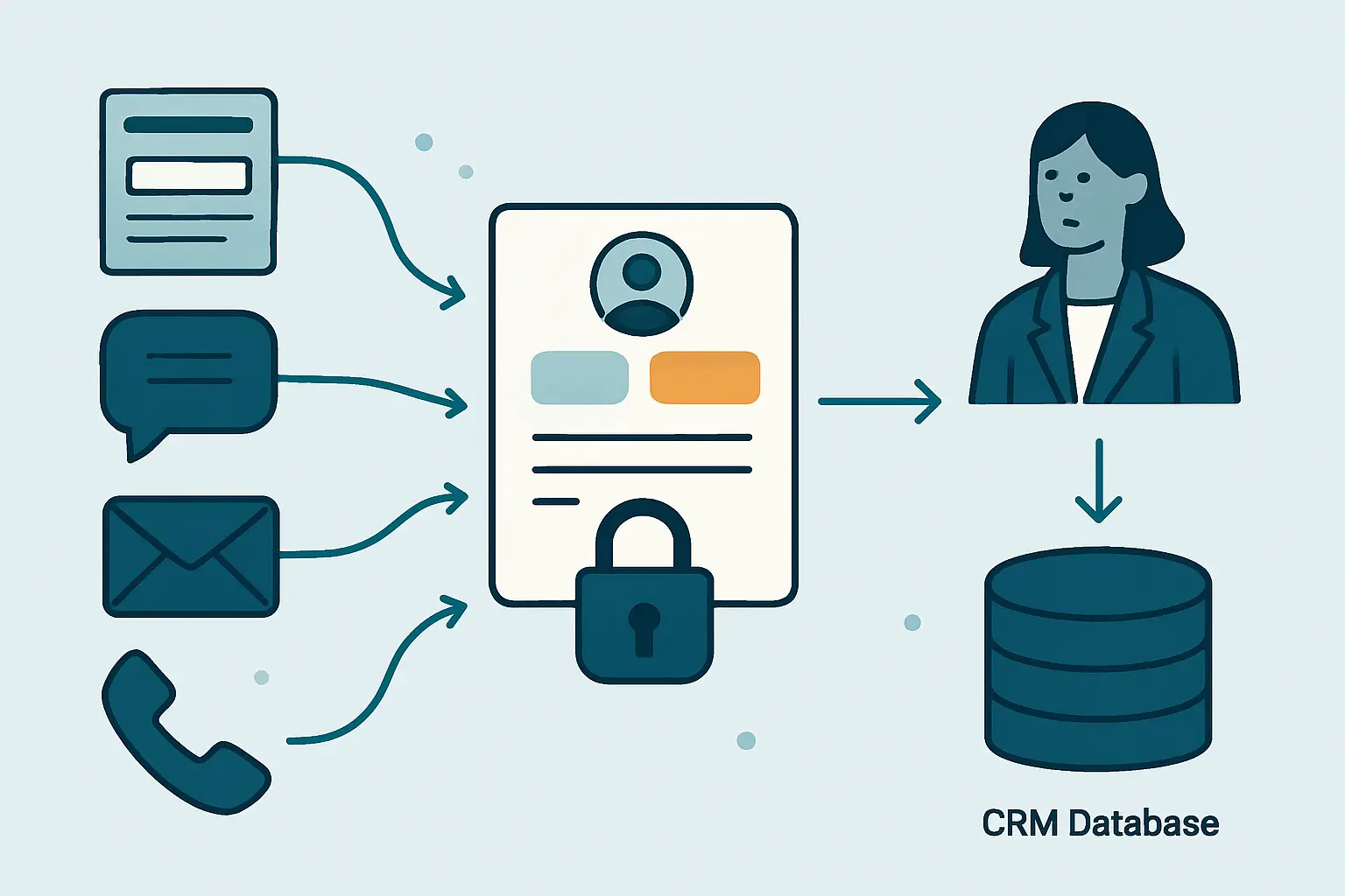 Abstract illustration of website, phone, chat, email, and campaign enquiries joining a structured lead record.