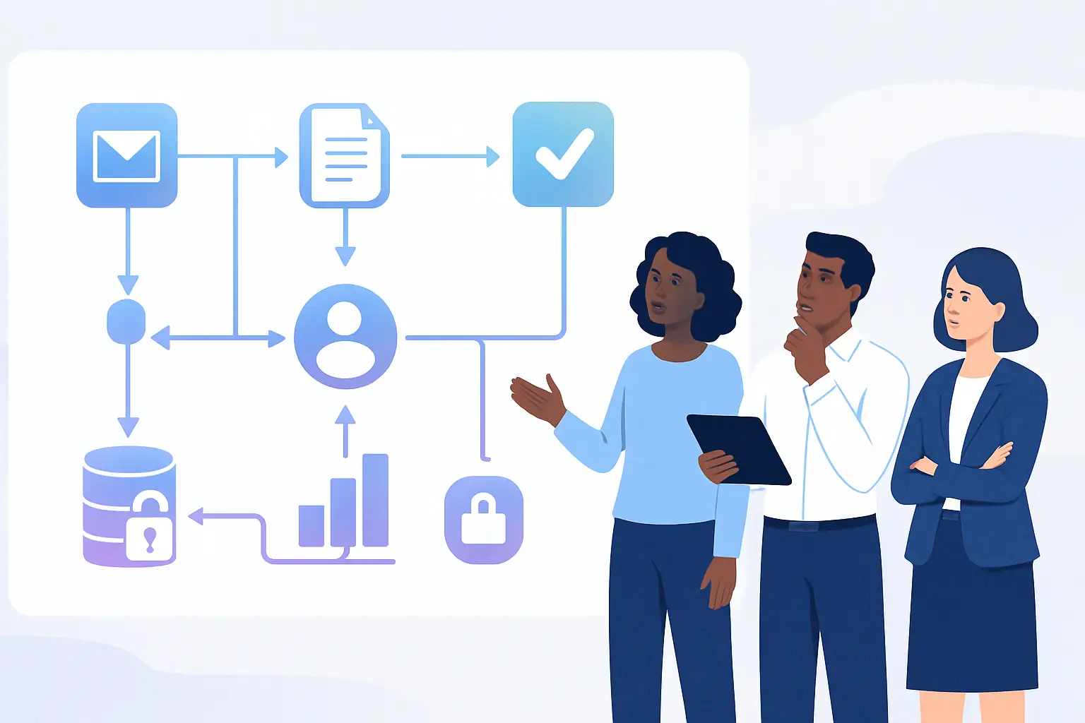 Abstract illustration of connected business workflow automation services across Microsoft tools.