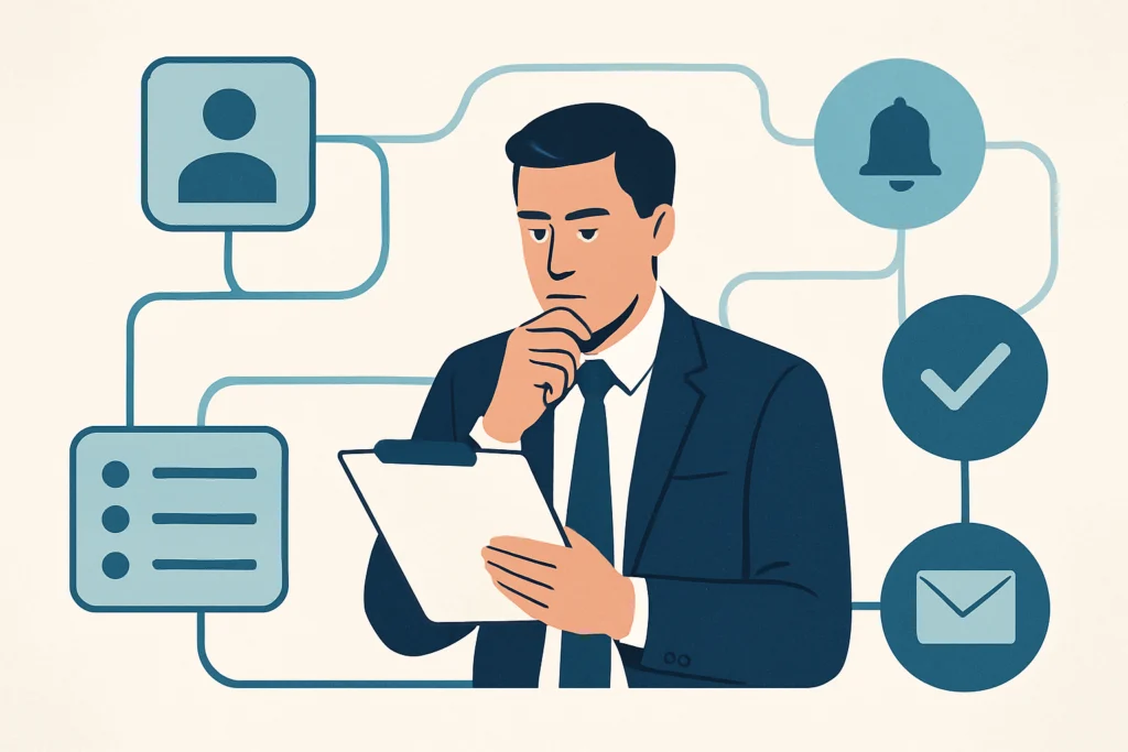 Conceptual illustration showing automated opportunity routing around a human sales decision point.