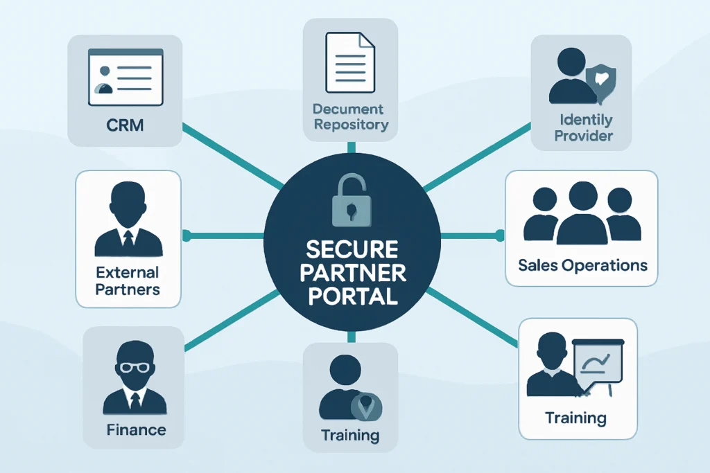 Abstract diagram showing partners, internal teams and connected business systems around a central partner portal.