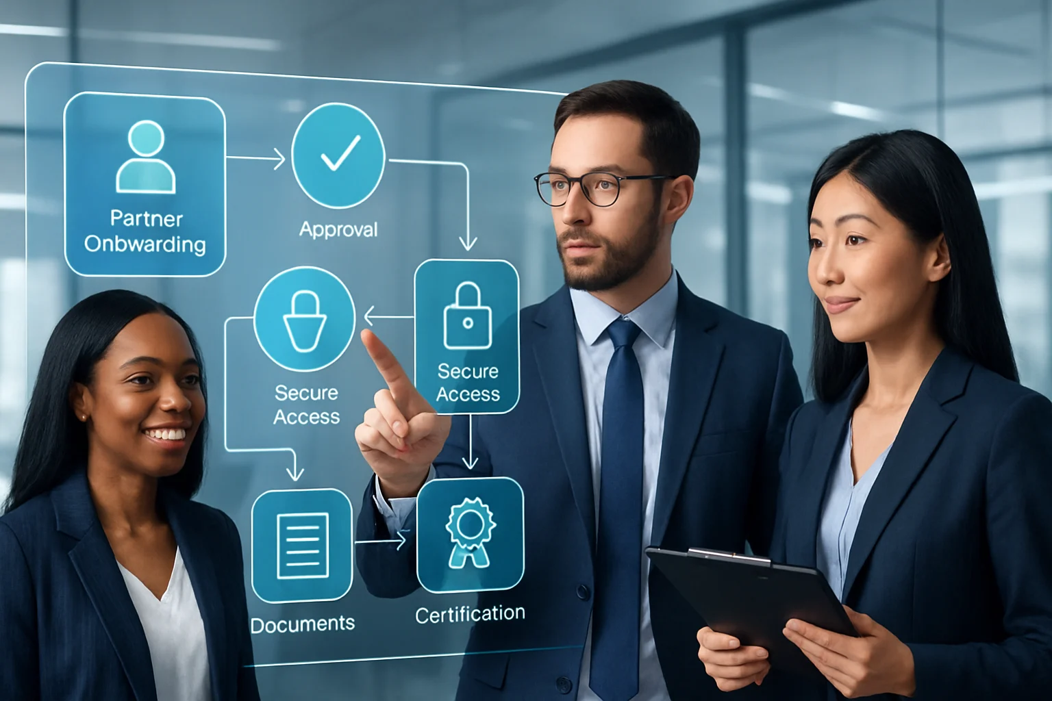 Business partners reviewing an automated partner portal workflow map.