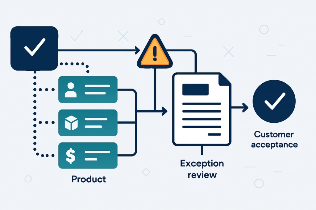 Abstract illustration showing approved sales data moving through quote validation, exception review and customer acceptance.