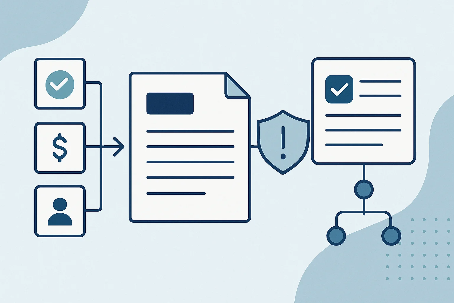 Illustration of approved data flowing through quote generation, exception review and customer acceptance tracking.