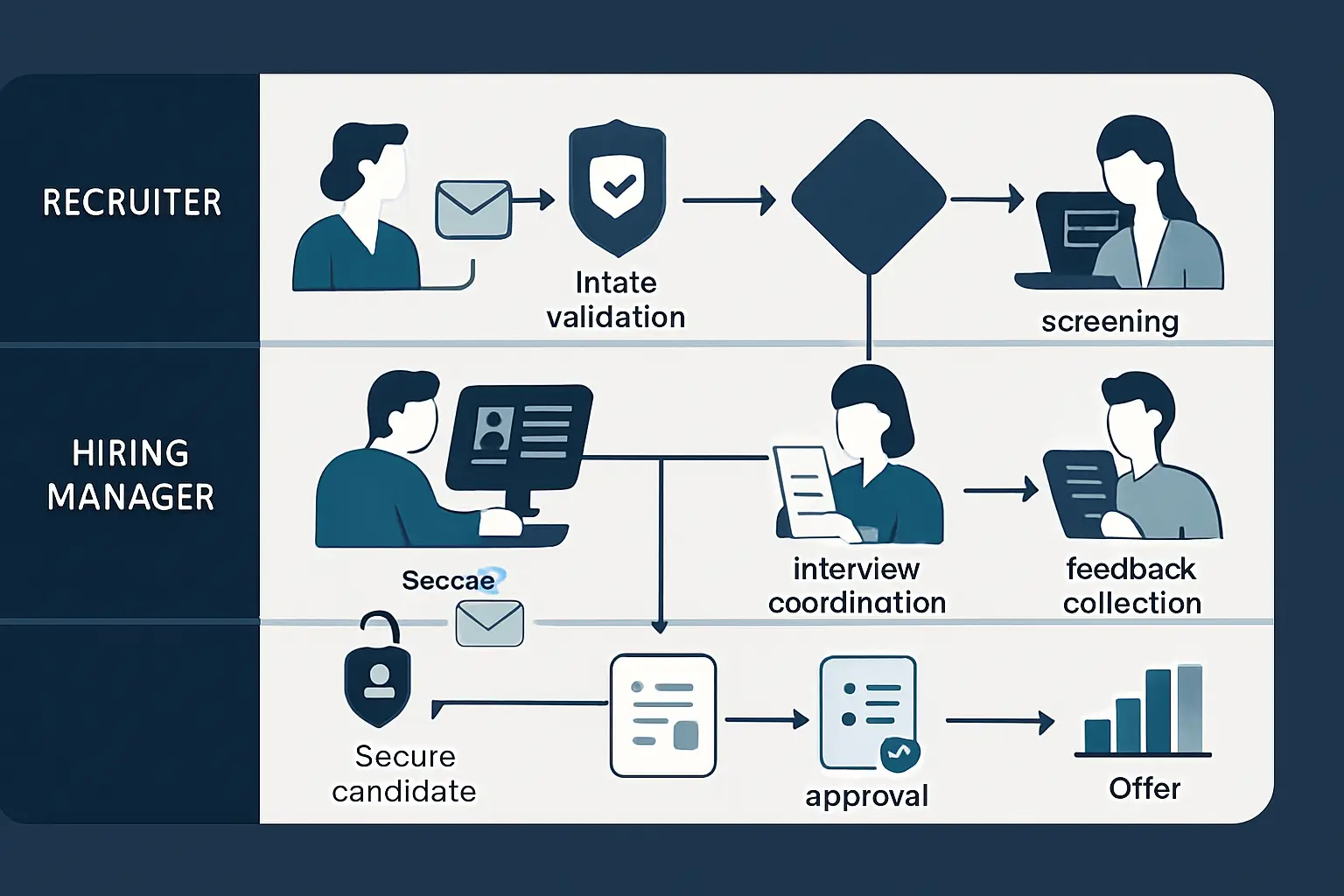 Recruitment workflow timeline showing candidate intake, screening, interviews, approvals, communications, and offer acceptance.