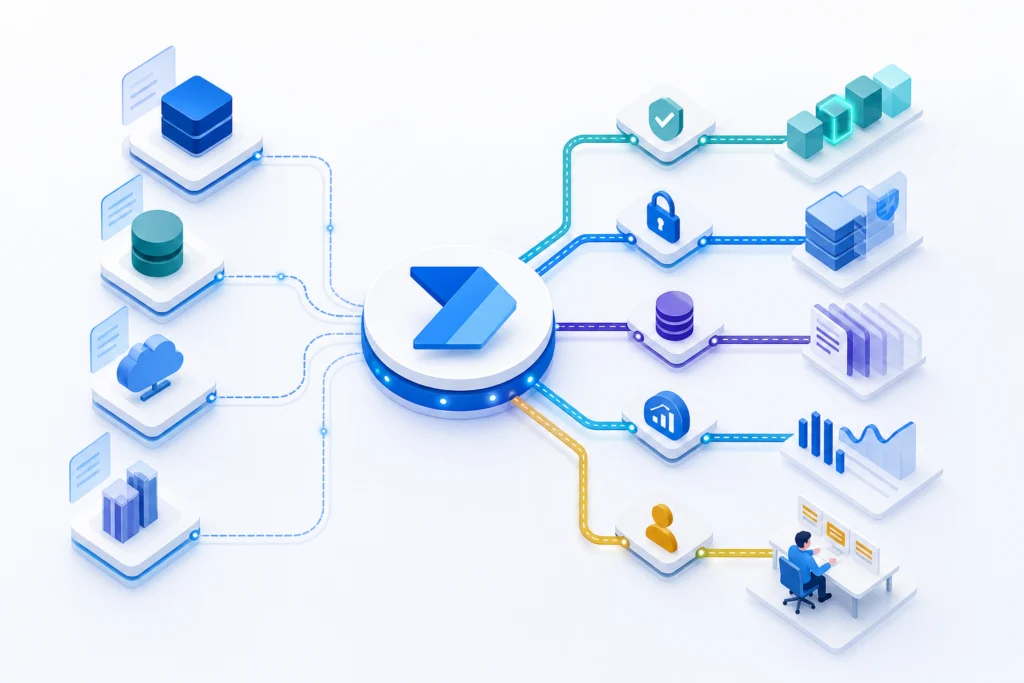 Abstract architecture showing Power Automate between source systems, destination systems, monitoring, security controls, and a human exception route.