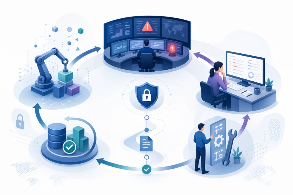 Illustration of an integration monitoring cycle with flow activity, alerting, exception review, remediation, and reconciliation.