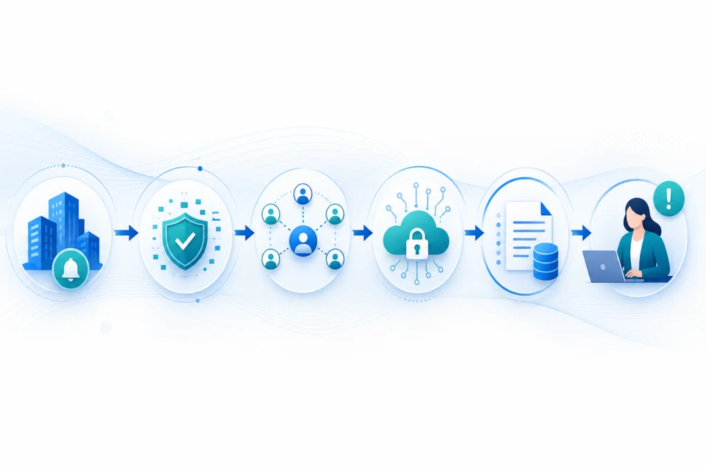 Process illustration of a Power Automate flow moving from a business event through validation and matching to system updates, logging, and exception review.